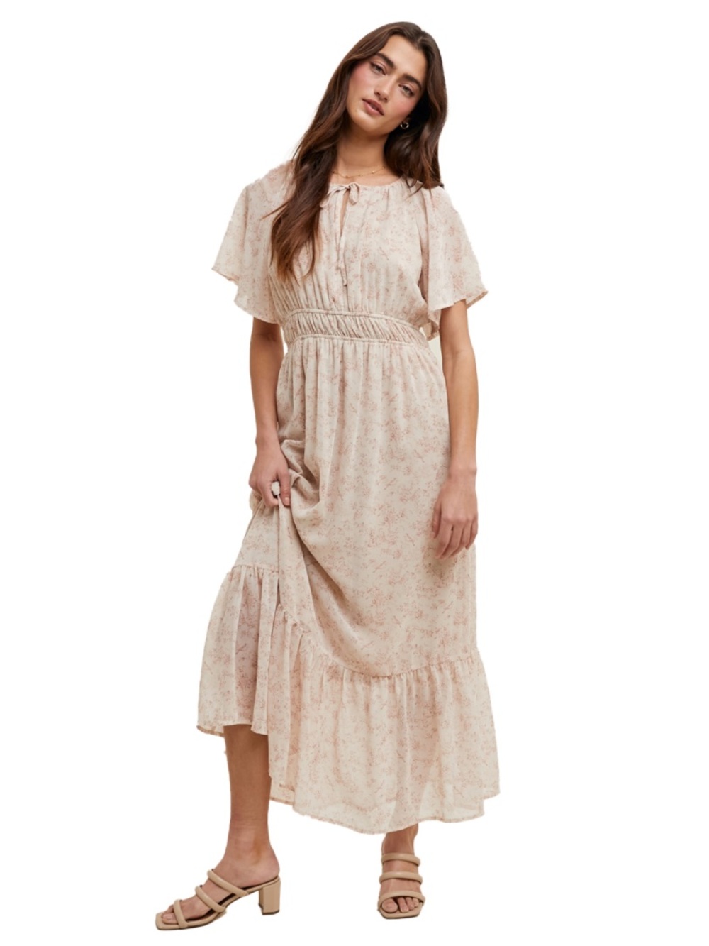 Wishlist Mauve-Cream Floral Birds Tie-Neck Flutter Sleeve Maxi Dress